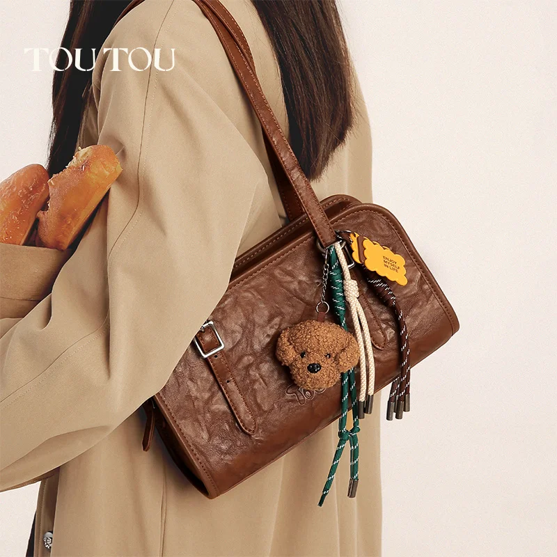 

TOUTOU Women Underarm Bag Brown Vintage Original Designer Brand Dog Pendant Underarm Bag Fall Boston Bowling Teacher's Day Gift