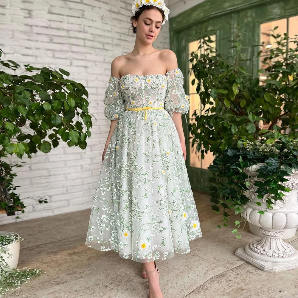 Sevintage 3D Flowers Daisy Tulle Prom Dresses pizzo Puff mezze maniche abito da sera Midi abito da cerimonia formale A-Line lunghezza tè