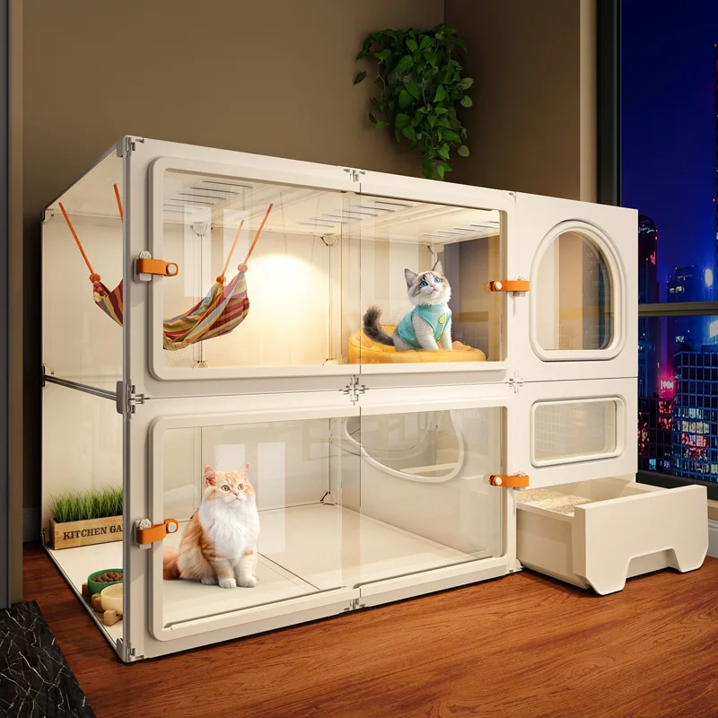 

Transparent cat villa household indoor cat cage, large free space, one bedroom, one living room, one bathroom, cat nest and toil