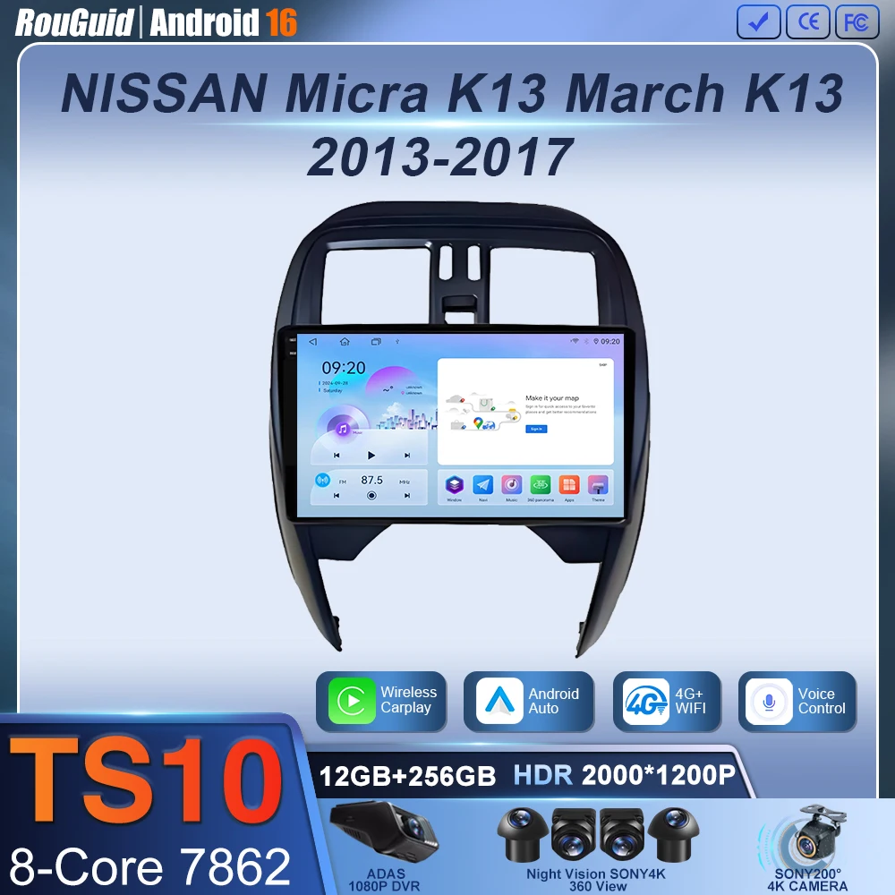 

Android 16 Car Radio Player 9Inch For NISSAN Micra K13 March K13 2013-2017 Carplay Autoradio Auto Screen No 2din DVD 4G WIFI