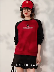 LOUIS YAO Women Sweatshirt Round Neck Long Sleeve Contrast Color 2024 Spring Embroidery Letter Loose Fit Pullover Top