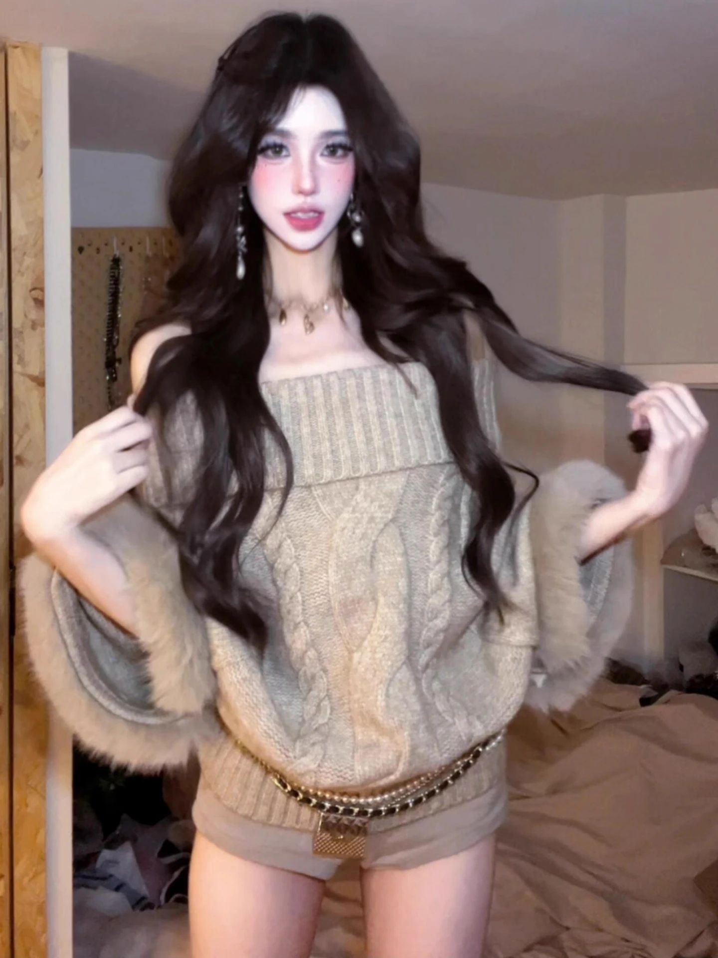 الرجعية الكورية Sle فضفاض المرأة محبوك سترة مع فروي Sves oulder عارية تصميم الخريف الشتاء لينة مريحة تويست نمط