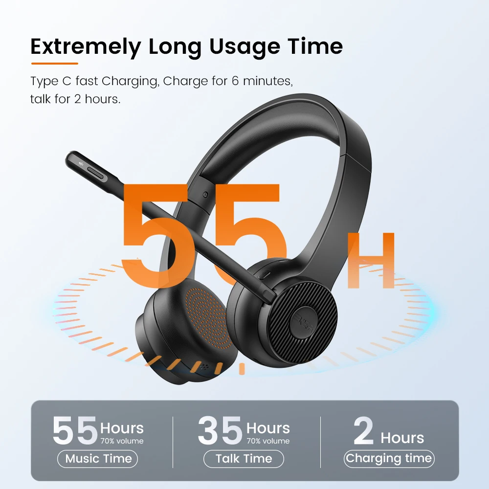 EKSA H6/H16 Bluetooth 5.2 Headset For Call Center Office Upgraded Wireless Headphones 55H Long Life Noise Cancelling Mic