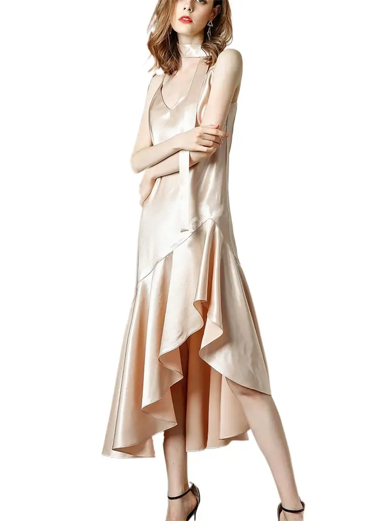 

Women Summer Camisoles Dress Girl Spaghetti Straps Satin Sleeveless Dress Solid Ice Silk Asymmetric Mermaid Dress Vestidos