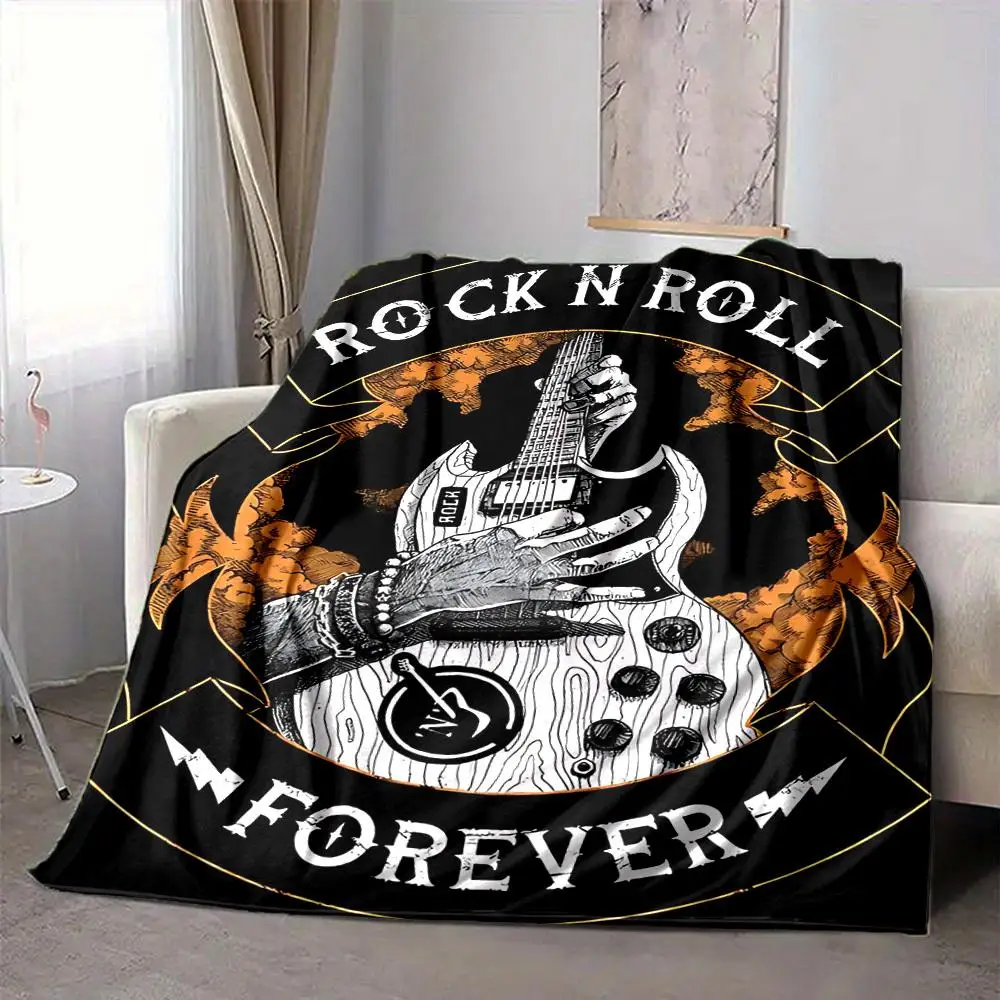 Rock N Roll Guitar Flannel Throw Blanket, Vibrant Music Instrument Bedding, Cozy Travel Camping Gift