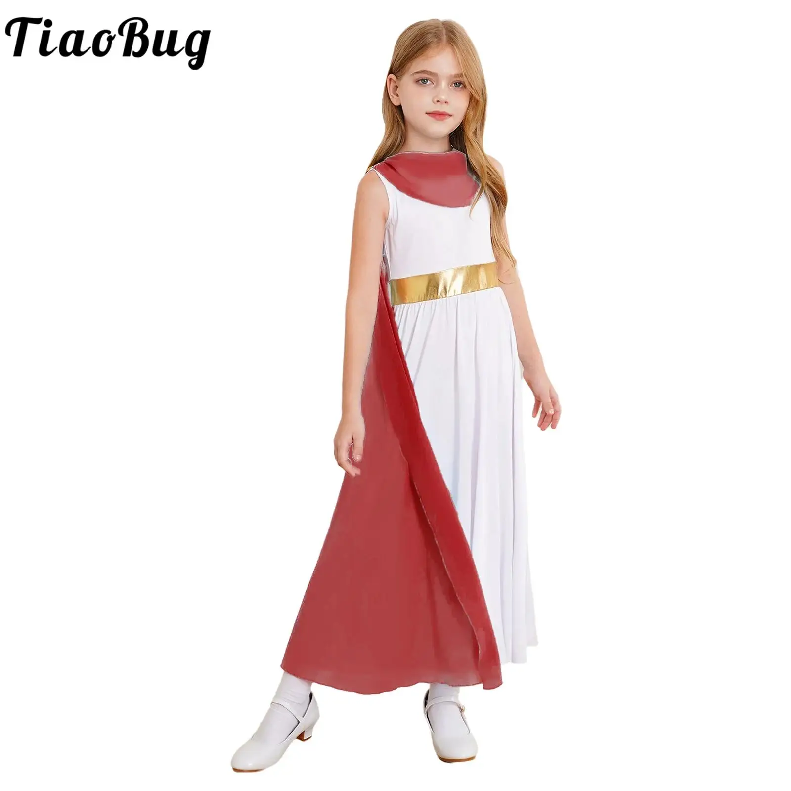 

Kids Girls Ancient Greek Princess Goddesses Costume Halloween Party Roman Grecian Athena Cosplay Tulle Split Shawls Toga Dress