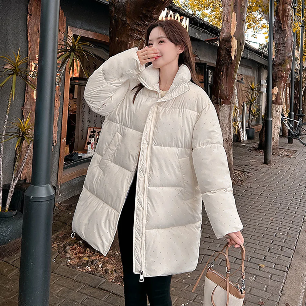 2024 New Winter Fashion Long Down Coats Women Thicken Warm Parkas  Ladies Elegant Zipper Polka Dot Cotton Jackets Female Outwear