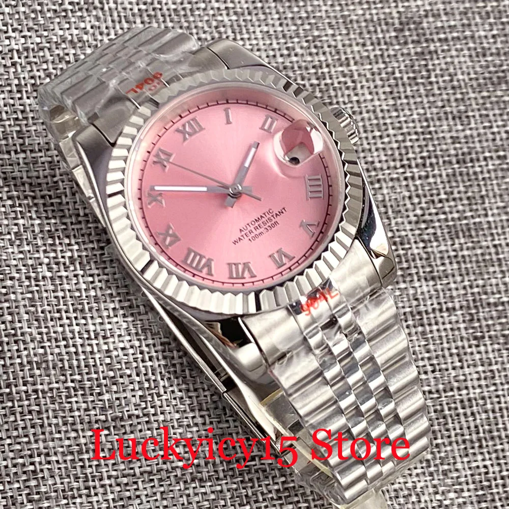 BLIGER Sterile Pink Roman Numerals 36mm/39mm Fluted Bezel Automatic Men Watch 24 Jewels NH35A Sapphire Glass Jubilee Strap