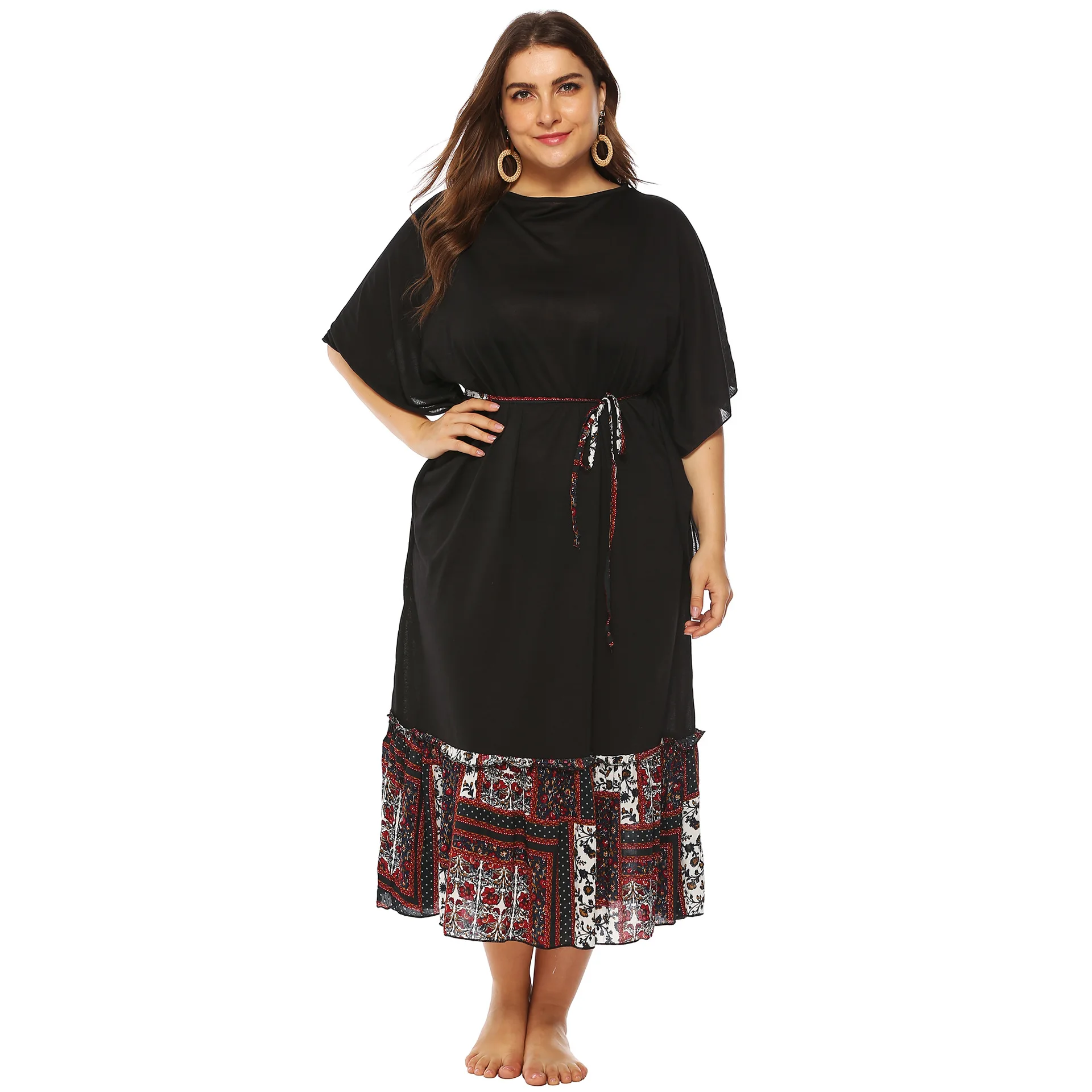 

Женское платье больших размеров для весны и лета в классическом ретро-стиле с мелким цветочным принтом, с завышенной талией, поясом и рукавами «летучая мышь»