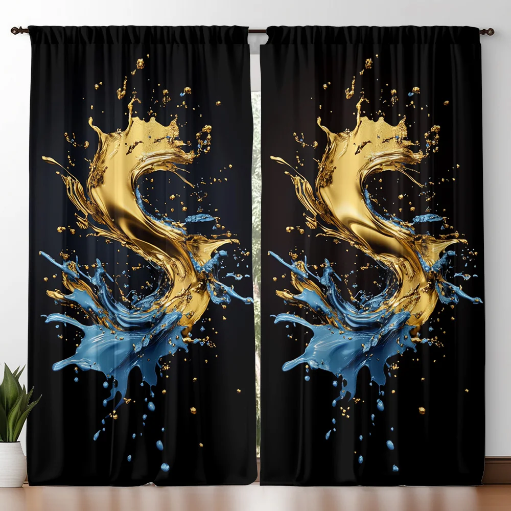Golden Blue Splash Curtains Set of 2 – Liquid Metal Wave Art, Rod Pocket Blackout Drapes