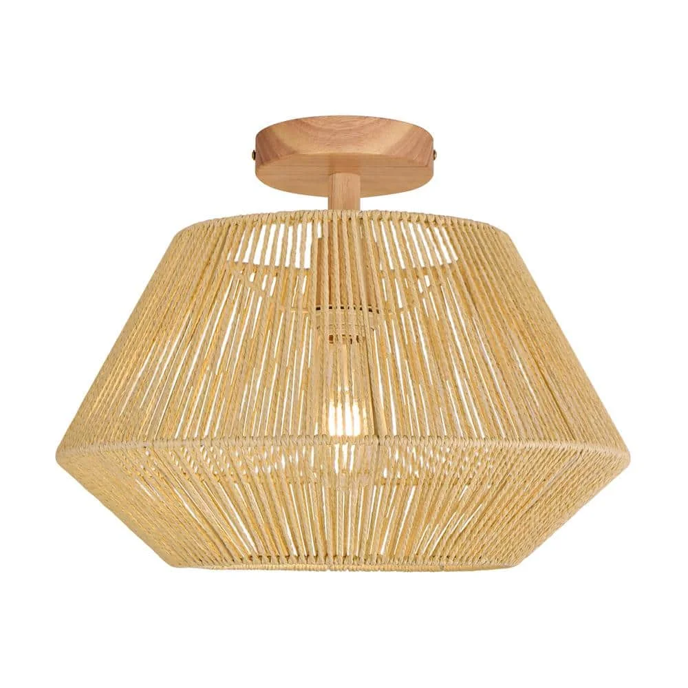 

16 in. 1-Light Cream Small Semi-Flush Mount Ceiling Light with natural Simple Hand Weaved shade