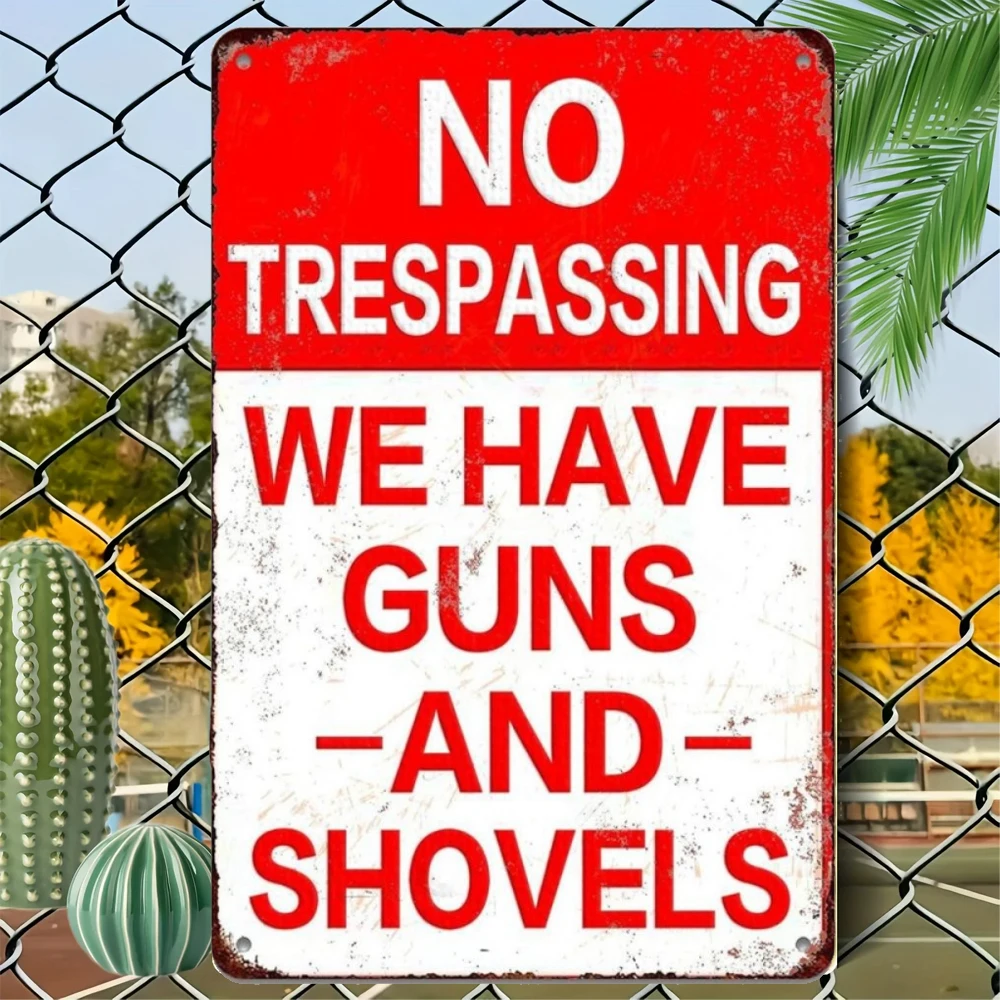 2D Flat No Trespassing Guns Shovels Metal Sign | Vintage Rustic Outdoor Warning Plaque, Durable Iron Material, Wall Decor