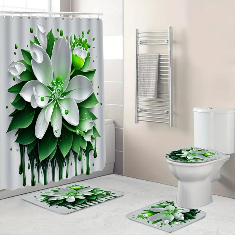 1/4PCs White green floral pattern shower set, waterproof bath curtain with hooks, U-shaped, toilet cover mat, L-Shap