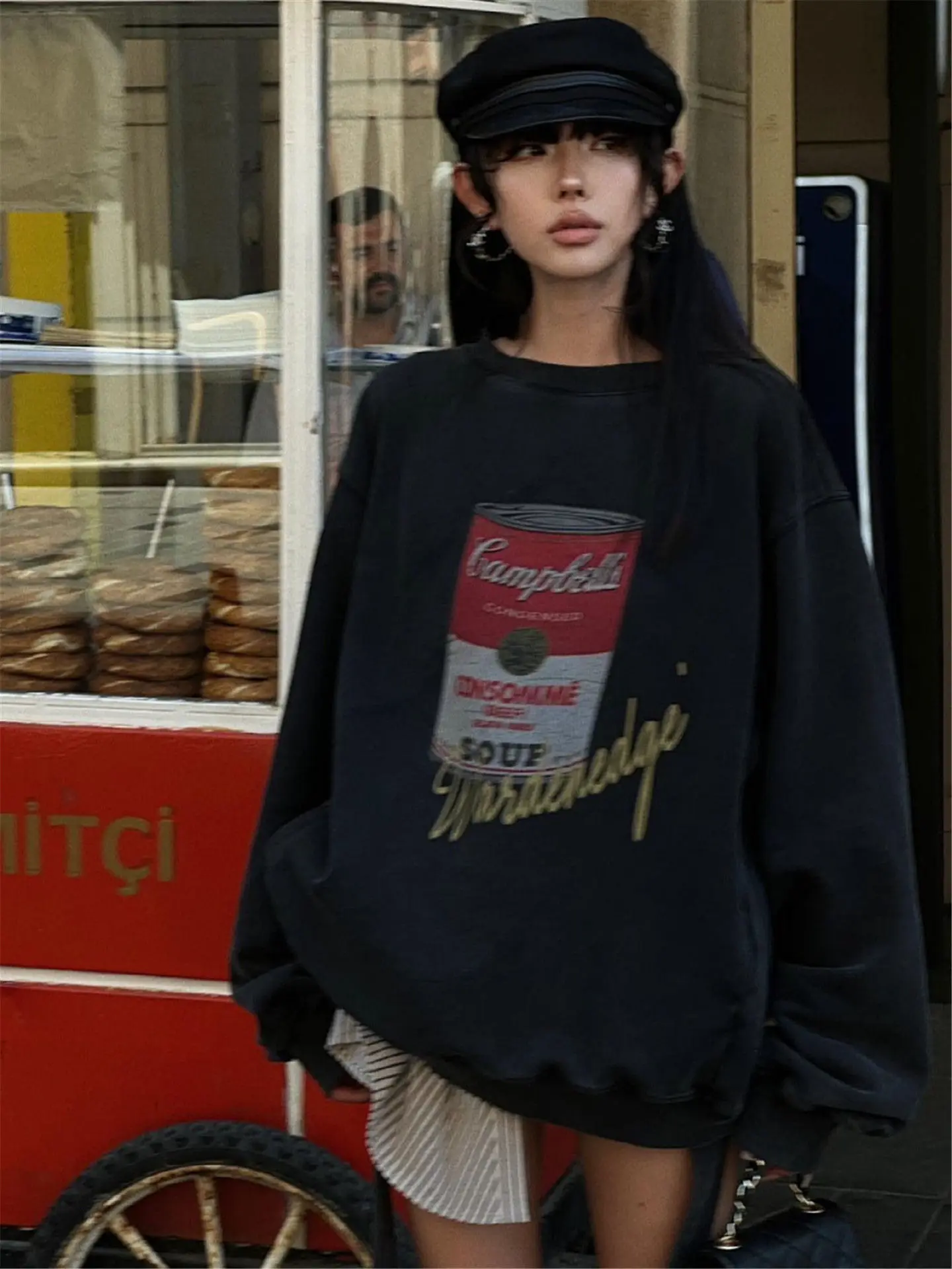 レトロアメリカンハイストリート風 ゆったりラウンドネックフーディー レディース 秋冬ファッション トレンドストリートウェア コットンポリエステル