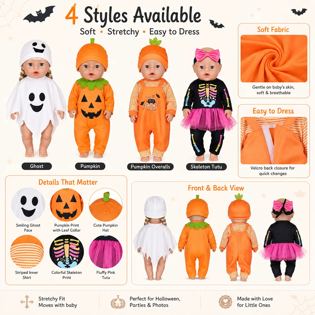 Halloween Puppenkleidung für Reborn Puppe 40-45cm 16-18 Zoll, Kürbis Geist Skelett Kostüm, Outfit für American Girl Puppe Puppenzubehör Set Geschenk – Detail 7