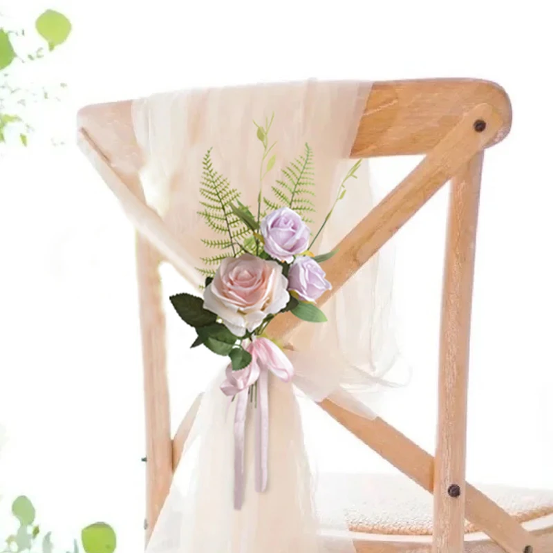 Chair Artificial Flowers Ribbon Sashes Knot Rose & Fern Banquet Cover For Church Car Wedding Party Events Decoration Supplies