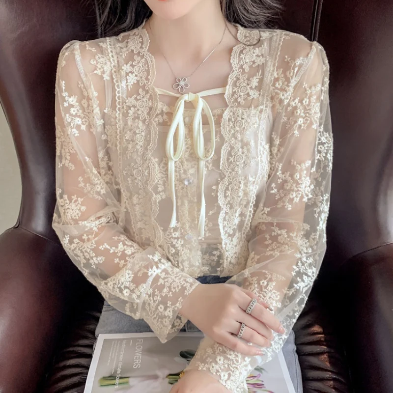 2024 Autumn Two Piece Set Puff Sleeve Lace Blouse Fashion New Casual LooseTops Long Sleeve Lace-up Shirt