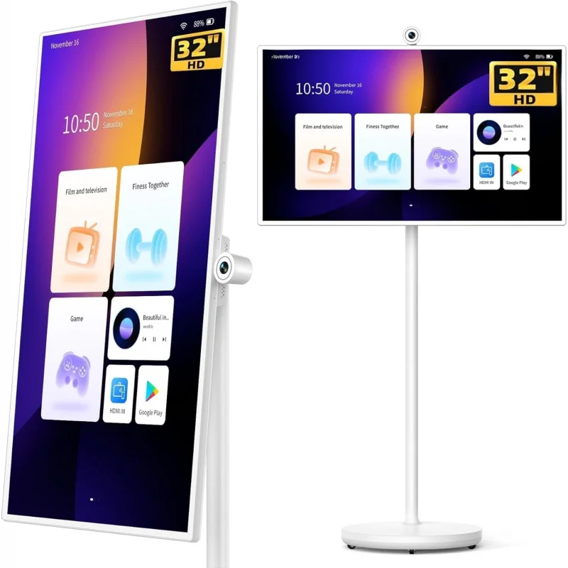 32-Inch Portable Smart TV on Wheels, Rolling TV with Touch Screen Monitor, 8G RAM +128G Storage, Android 13 OS, Built in Goo