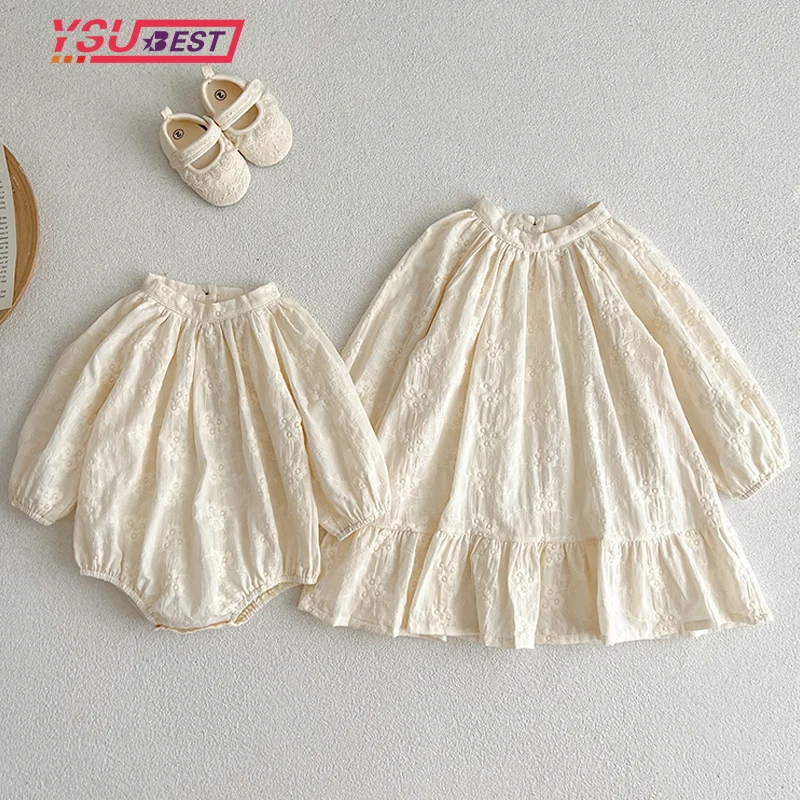 Sister Matching Outfit Baby Girls Clothes Long Sleeve Doll Collar Flower Embroidery Girl Dress and Baby Romper Princess Dresses