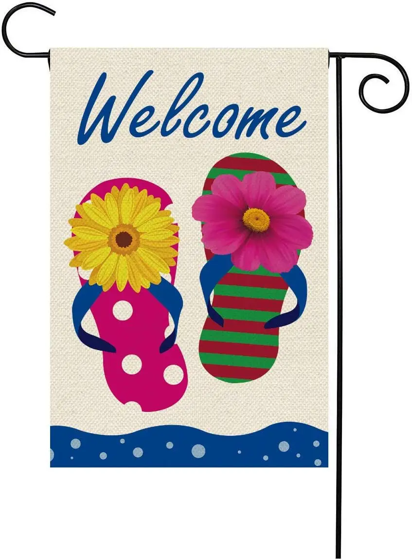 Texupday Welcome Summer Floral Flip Flop Burlap Holiday Double Sided Garden Flag Beach Outdoor Yard Flag 12