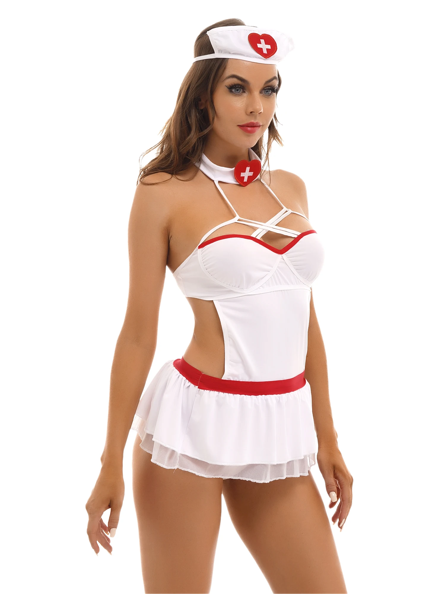 Sissy Damen Krankenschwester Rollenspiel Outfits Erotische Dessous Nachtwäsche Set Neckholder Riemchen Minikleid Babydolls mit G-String Stirnband