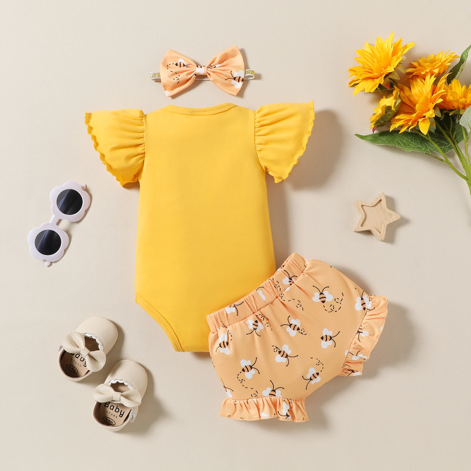 Summer Newborn Cotton Flutter Sleeve Alphabet Bee Printed Bodysuit Hoodie Lace Shorts With Bow Hairband 3 Piece Set