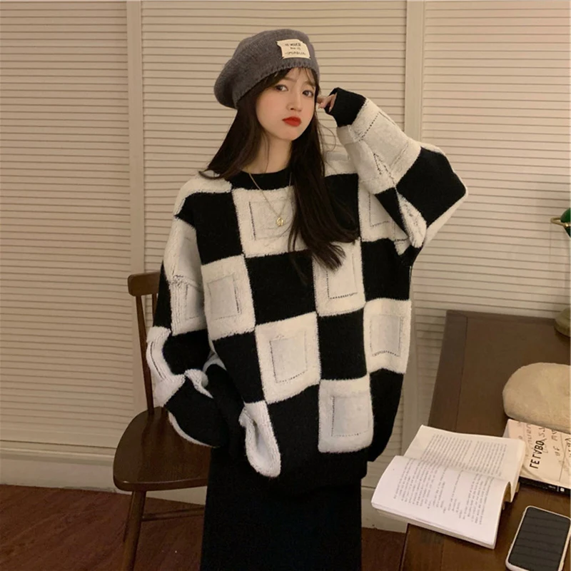 Hdspq Fashion Black White Plaid Sweater Winter Woman Vintage Thickened Long Sleeve Warm Pullover Femme Simple Solid Knit Sweater