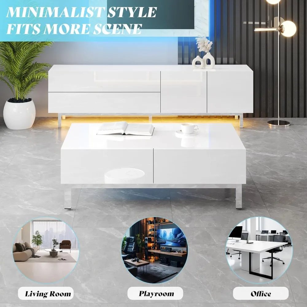 طاولة قهوة واسعة اللمعان مطلية بالكهرباء مقاس 40 بوصة مع درجين تخزين مغناطيسيين، وطاولة مركزية حديثة وبسيطة، لغرفة المعيشة