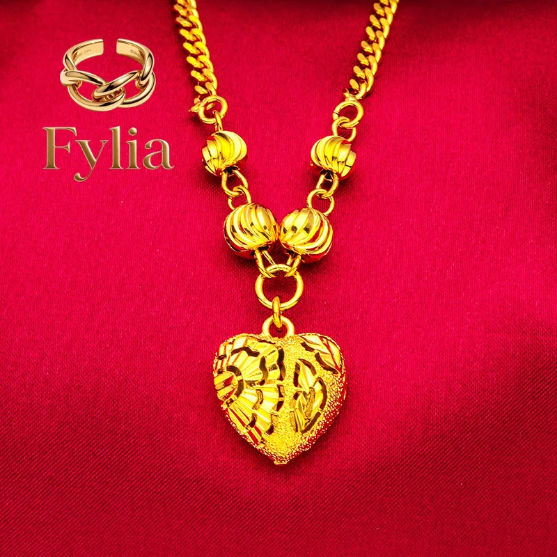 Fylia Jewelry   24K Gold Heart Necklace & Bracelet Set | AU999 Pure Gold, 3D heart design, shiny finish, romantic for daily wear