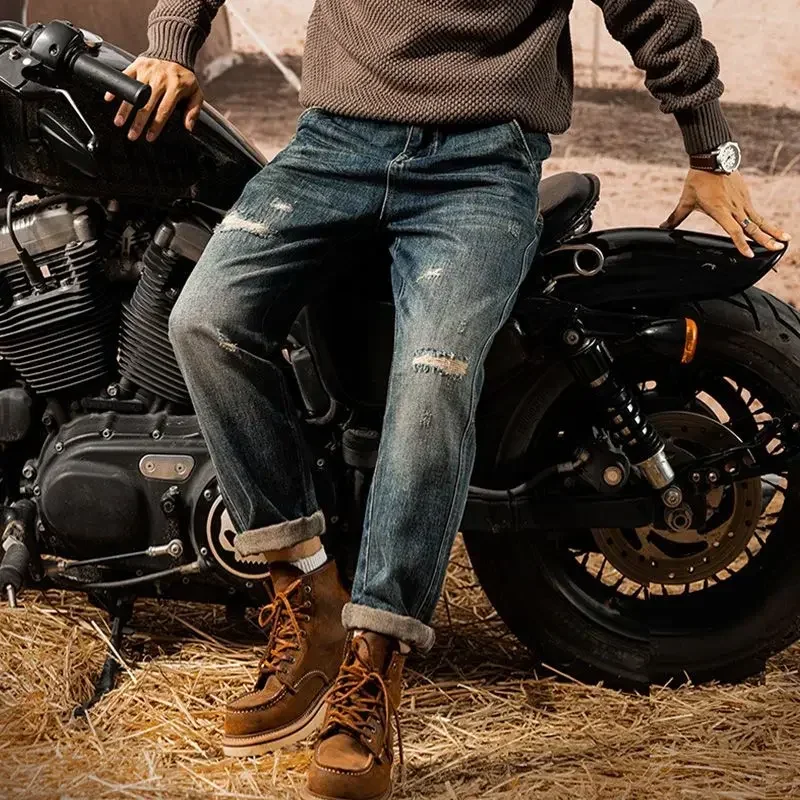 

Ripped Motorcycle Retro Y2k Streetwear Jeans for Men Torn Male Cowboy Pants with Pockets Holes Buggy Trousers Broken Vintage