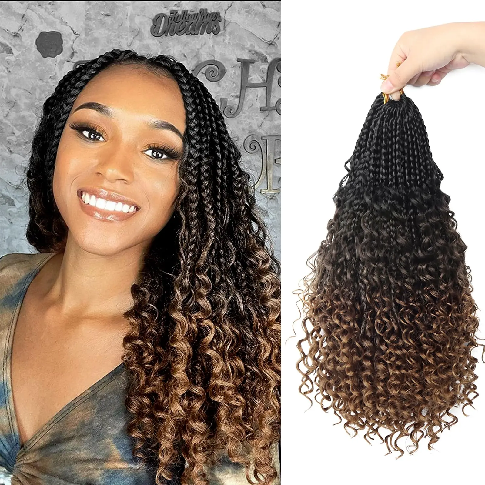 Boho Box Braids Crochet Hair Bohemian Crochet Box Braids with Curly Ends Hippie Braids Braiding Hair Goddess Box Braids