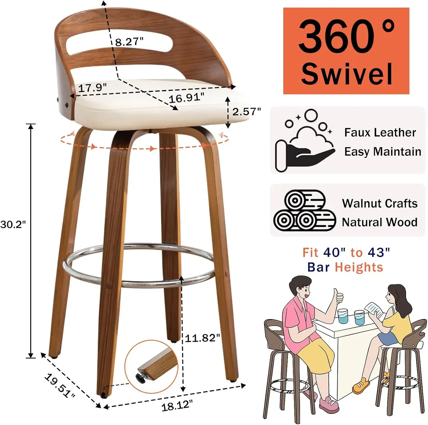 Swivel Bar Stools, 30 inch Mid Century Modern Bar Stools with Low Back | Solid Bentwood Frame, Walnut Finish, Wooden Legs, Faux
