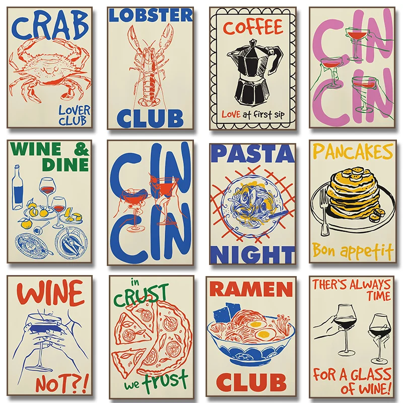 Trendy Coffee Cheers Print Posters Retro Wine Pasta Night Food Print Diamond Painting Bar Club Wall Art Room Kitchen Home Deco