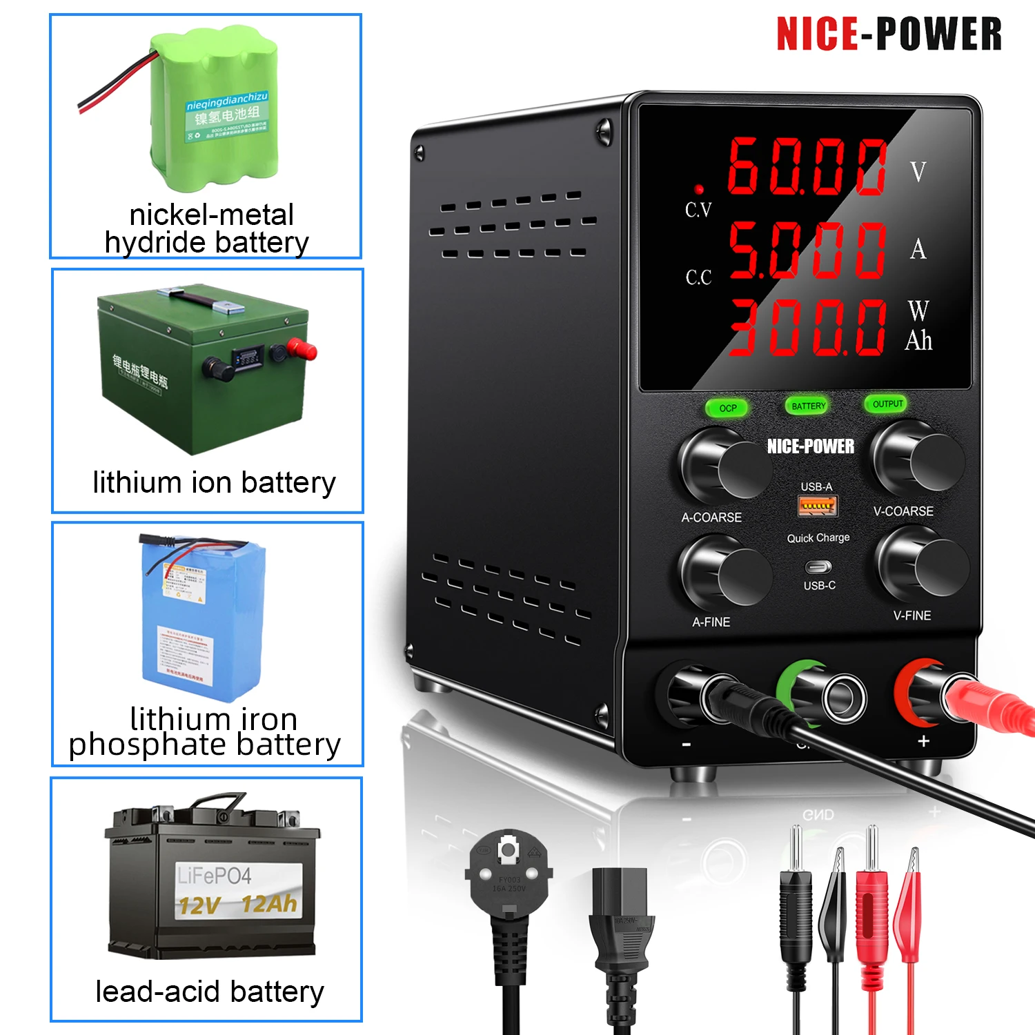 60V 5A Lab Power Supply DC Regulator Switching USB Type-C Port Direct Battery Charger 30V 10A Bench Power Supply Adjustable OCP