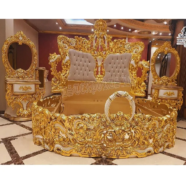 Royal Baroque style hand-carved round king bed luxury heavy-duty carved round bed designer teak round maharaja bed