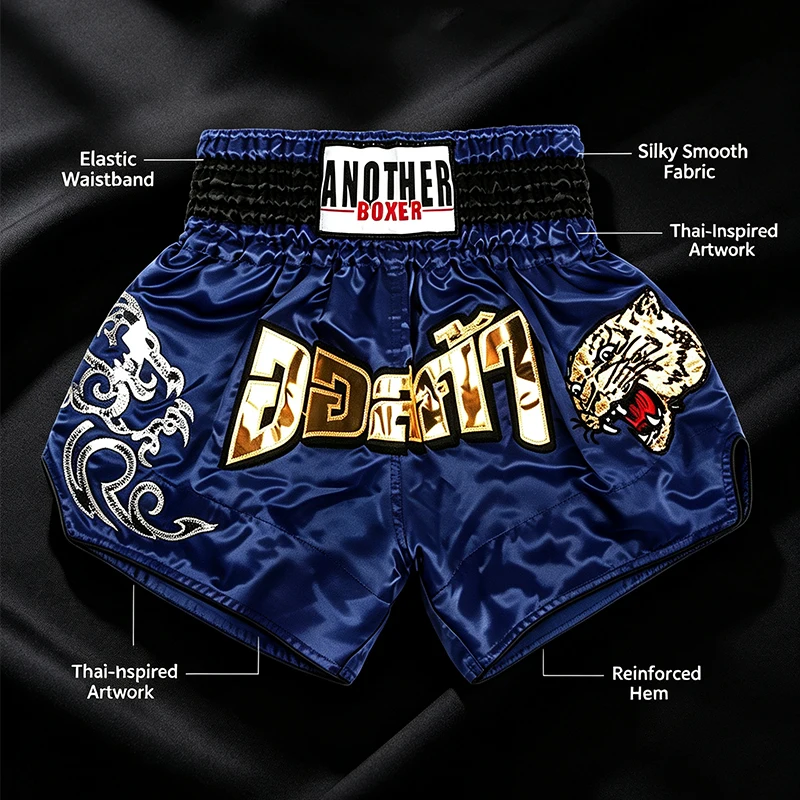 Herren Muay Thai Shorts mit Tiger-Stickerei Traditionelle Box- und Kickbox-Trainingshosen für Erwachsene und Kinder Kampf-Wettkampfhosen Blau