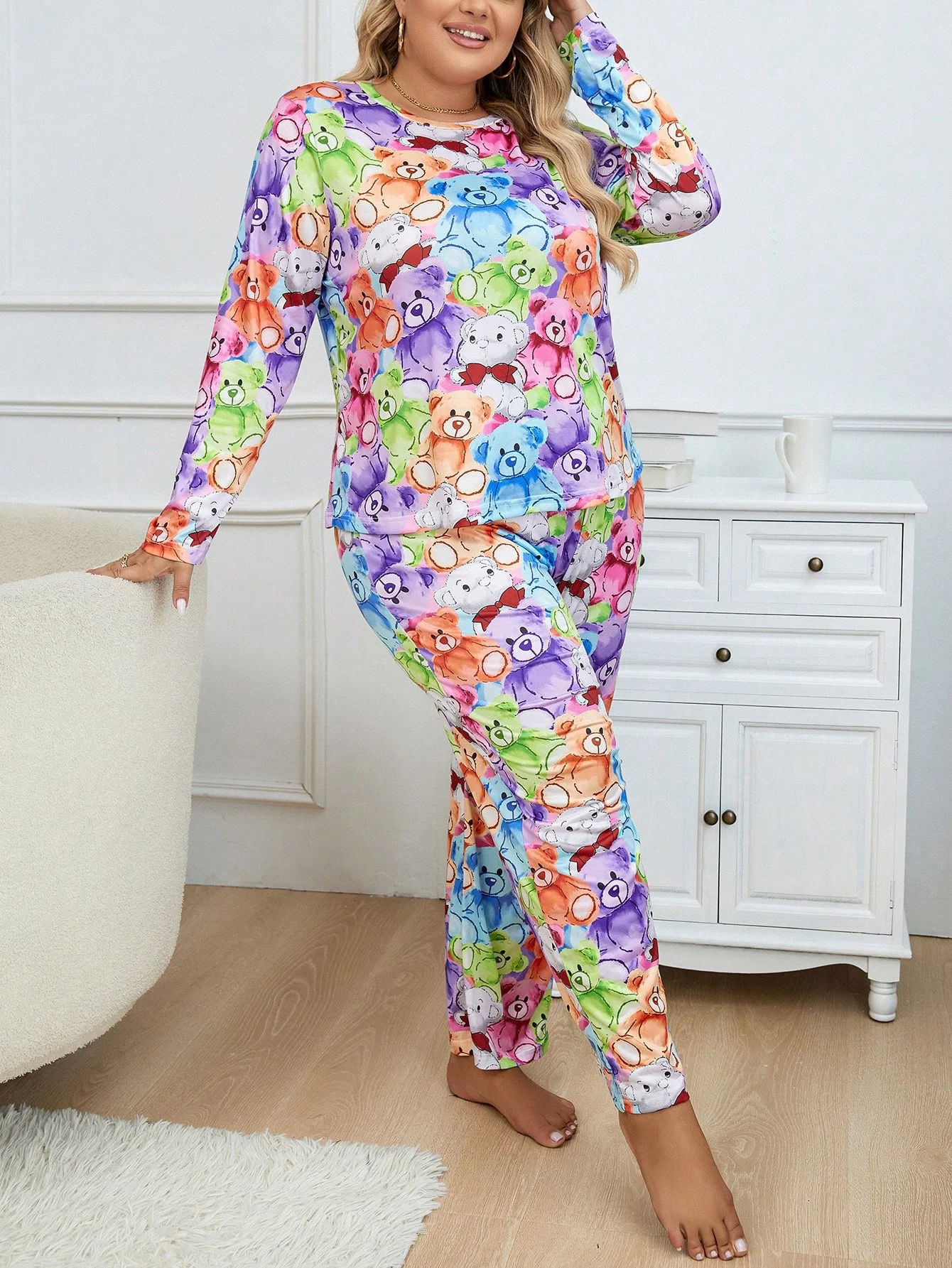 Large size women\'s pajama set cute printed short sleeved top&pants home clothing 2-piece set