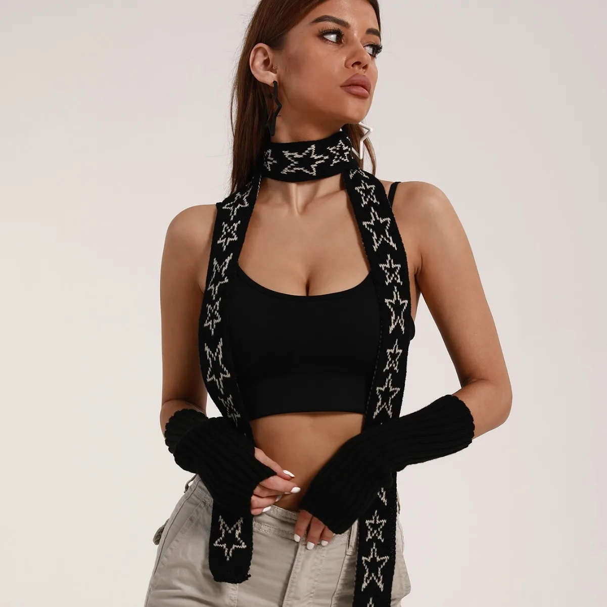 

Star Vintage Cashmere Scarf Five-pointed Star Knitted Fashion Narrow Lengthened Scarf Women's Y2k Outdoor Neck Warm Accessories
