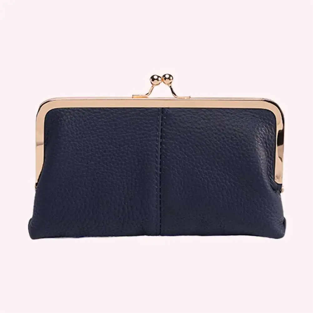 

Genuine Leather Women Clutch Purse Large Capacity Vintage Kiss Lock Wallet Fashion Long Card Holder Key Card Storage Bag