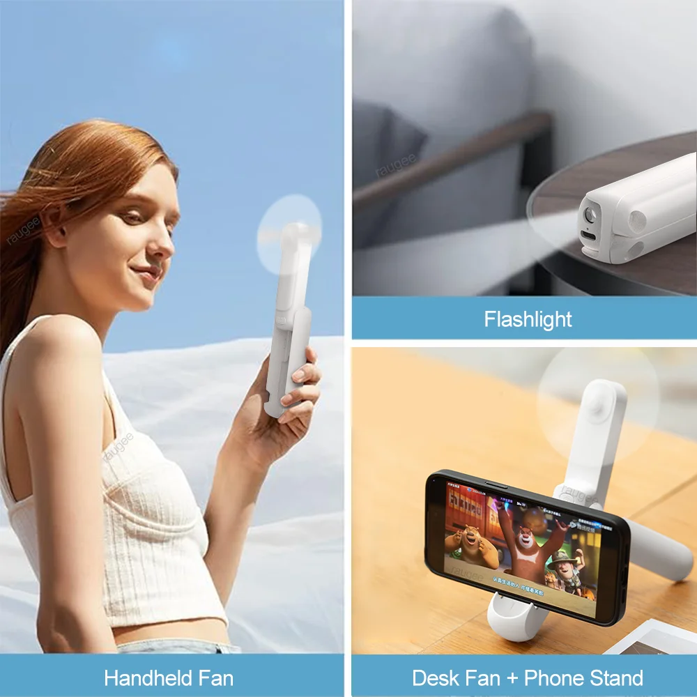 Portable Min Fan Foldable Handheld Fan USB Rechargeable Fan 3 Speeds Hand Held Small Pocket Fan with LED Light 2000mAh Battery