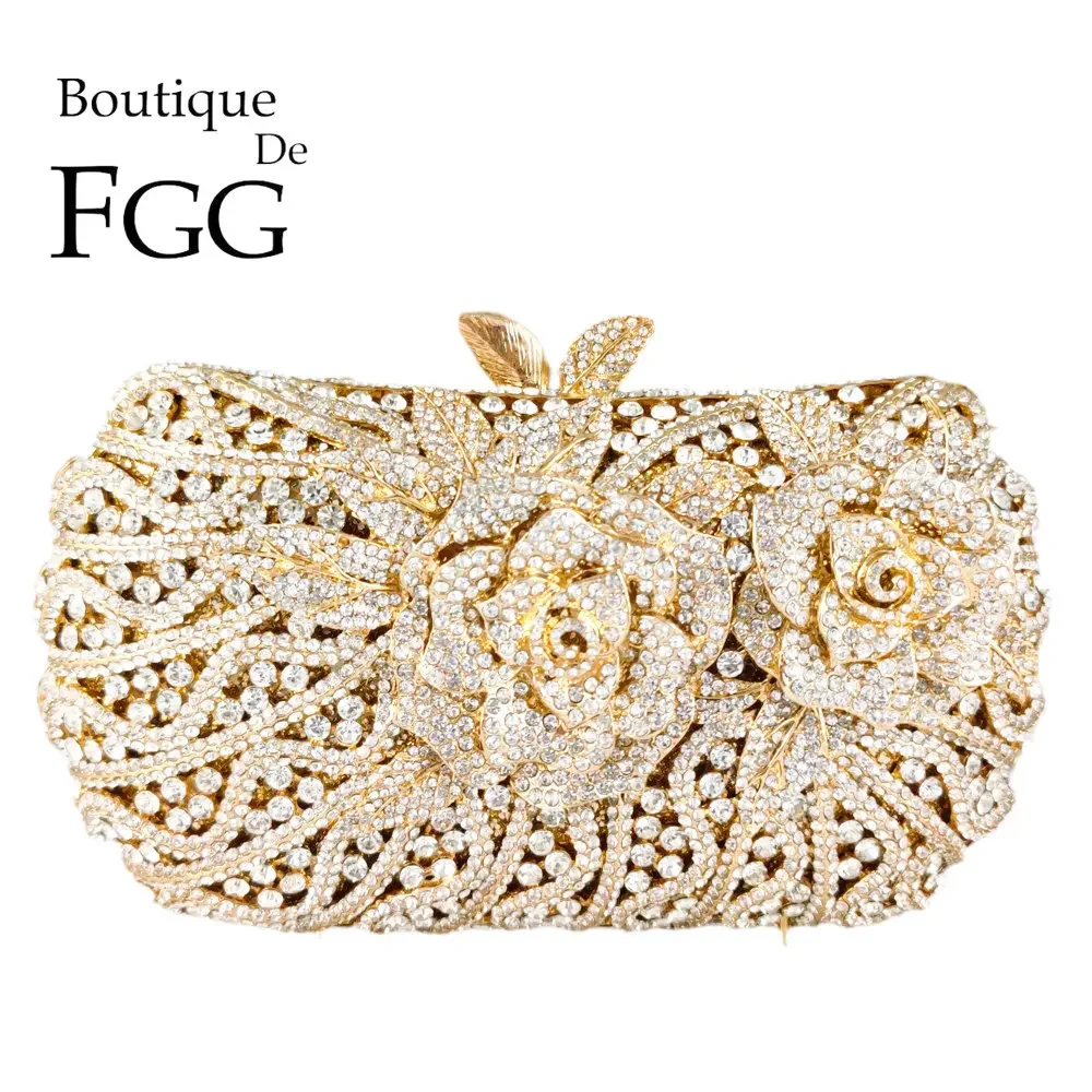 

Boutique De FGG Women Gold Evening Bags and Clutches Bridal Flower Rhinestone Handbags Party Cocktail Dinner Minaudiere Purse
