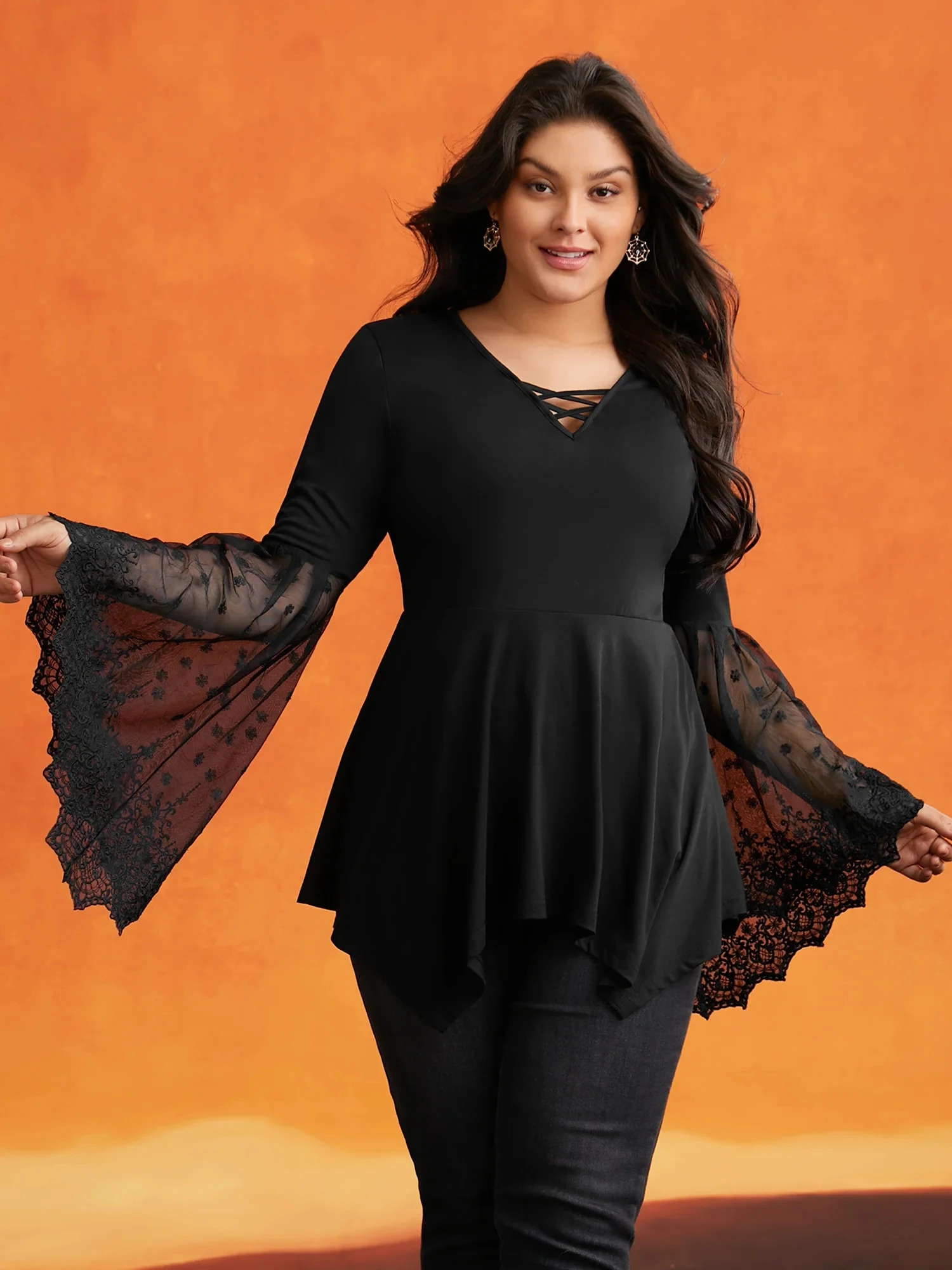 Women Plus Size Flare Sleeve T shirt V-Neck Lace Mesh Patchwork Black Vintage Tee Tops Long Sleeve Fashion t shirt Tops 2025