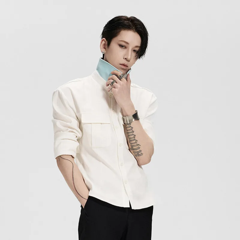 WVGA Spring Summer New Men High-end Slim-Fit Trendy Turn-Down Collar Shirt Niche Chic Casual Cupro Satin Mid-Sleeved Tops W26475