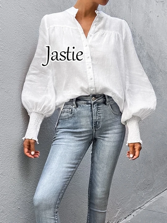 Jastie 2024 Spring Women Long Lantern Sleeve Shirt Blouses Lapel Button White Working Office Lady Shirt Casual Loose Blouse Top