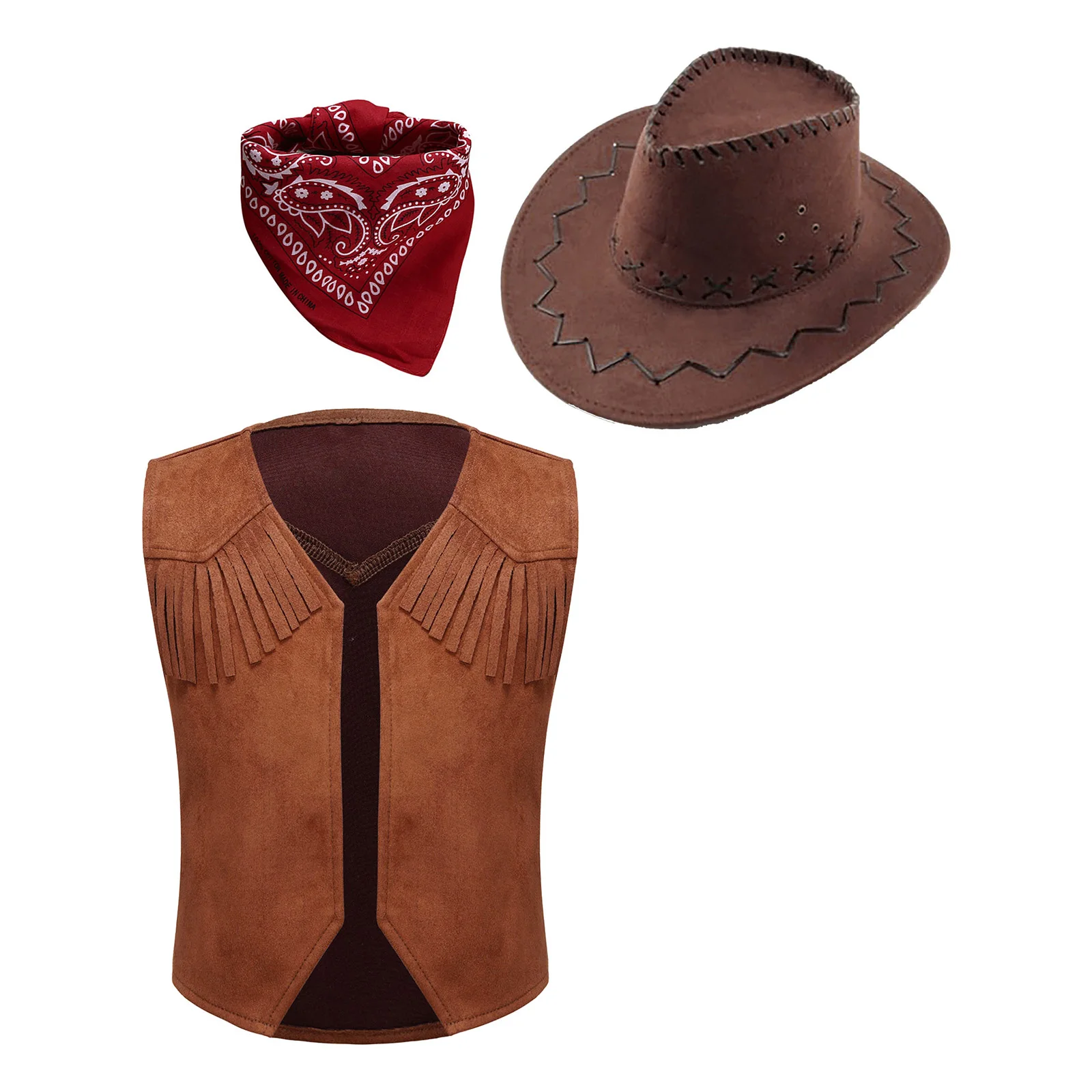 

Boys Western Wild West Cowboy Vest Hippie Cosplay Costume Hem Fringe Decor Open Front Vest with Bandanna And Felt Drawstring Hat