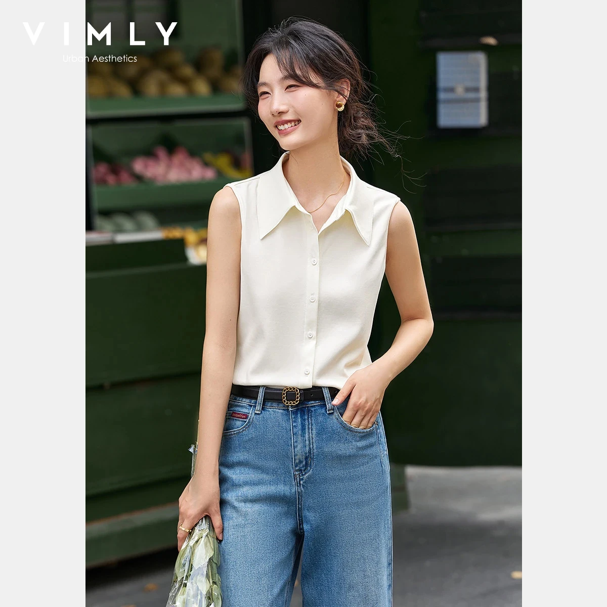 

Женская безрукавка VIMLY, повседневная блузка с отложным воротником, осень 2025, для офиса, прямой крой, трикотаж, хлопок, женские рубашки A2871