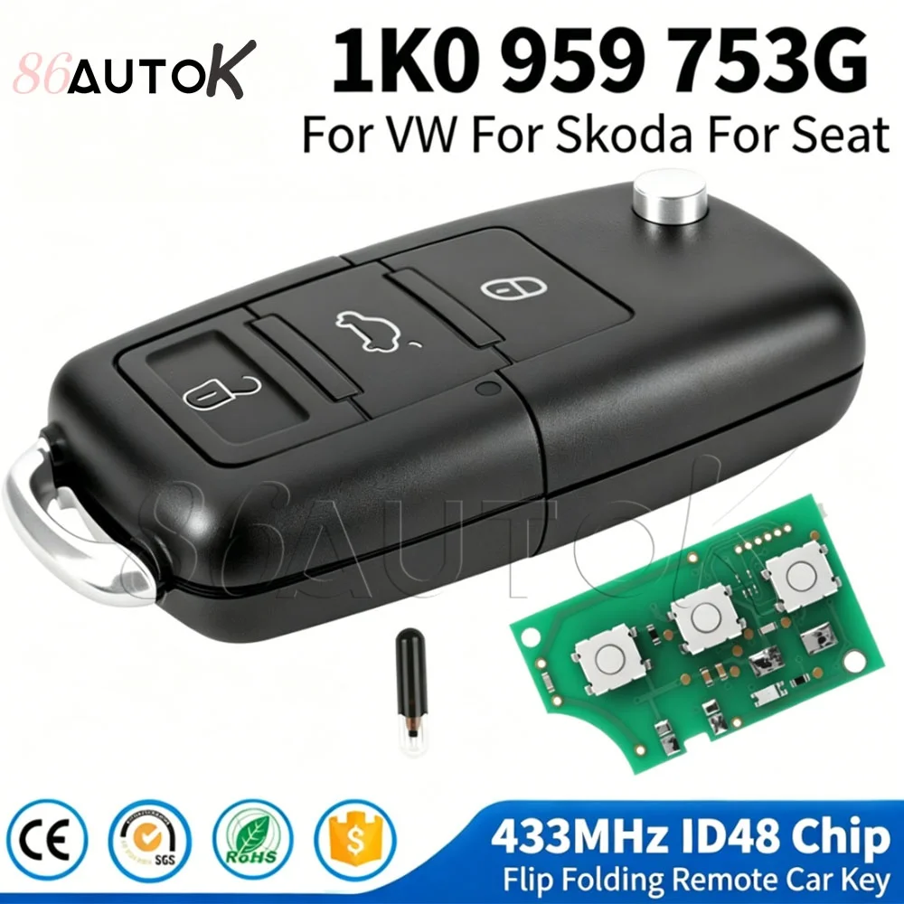 

ID48 433Mhz Flip Remote Key Fob For Skoda For Seat For VW Caddy Eos Golf Jetta Sirocco Tiguan Touran 1K0959753G 1K0 959 753G