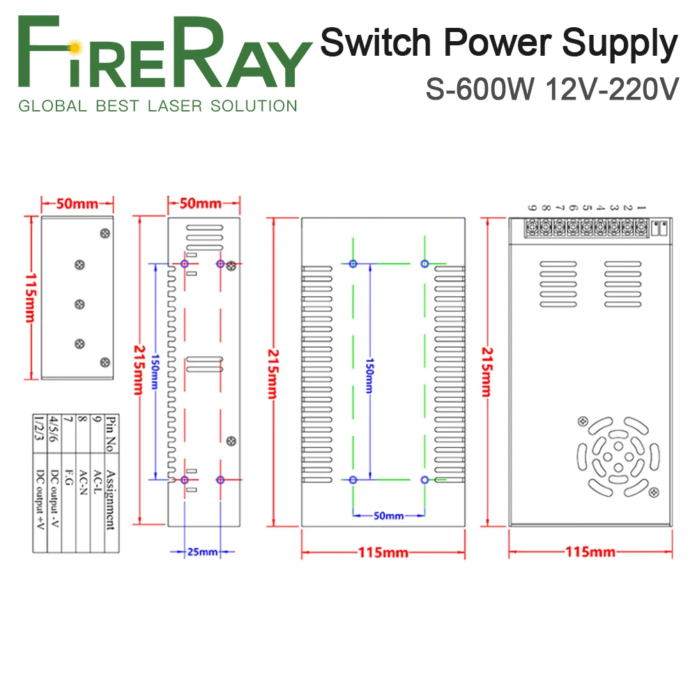 FireRay 600W Switch Power Supply S-600W DC12V-120V Single Output for Laser Machine