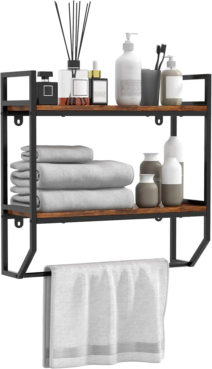 Metal Frame 2-Tier Wall Mounted Over The Toilet Shelf Rustic Brown Bathroom Living Room Kitchen Organizer