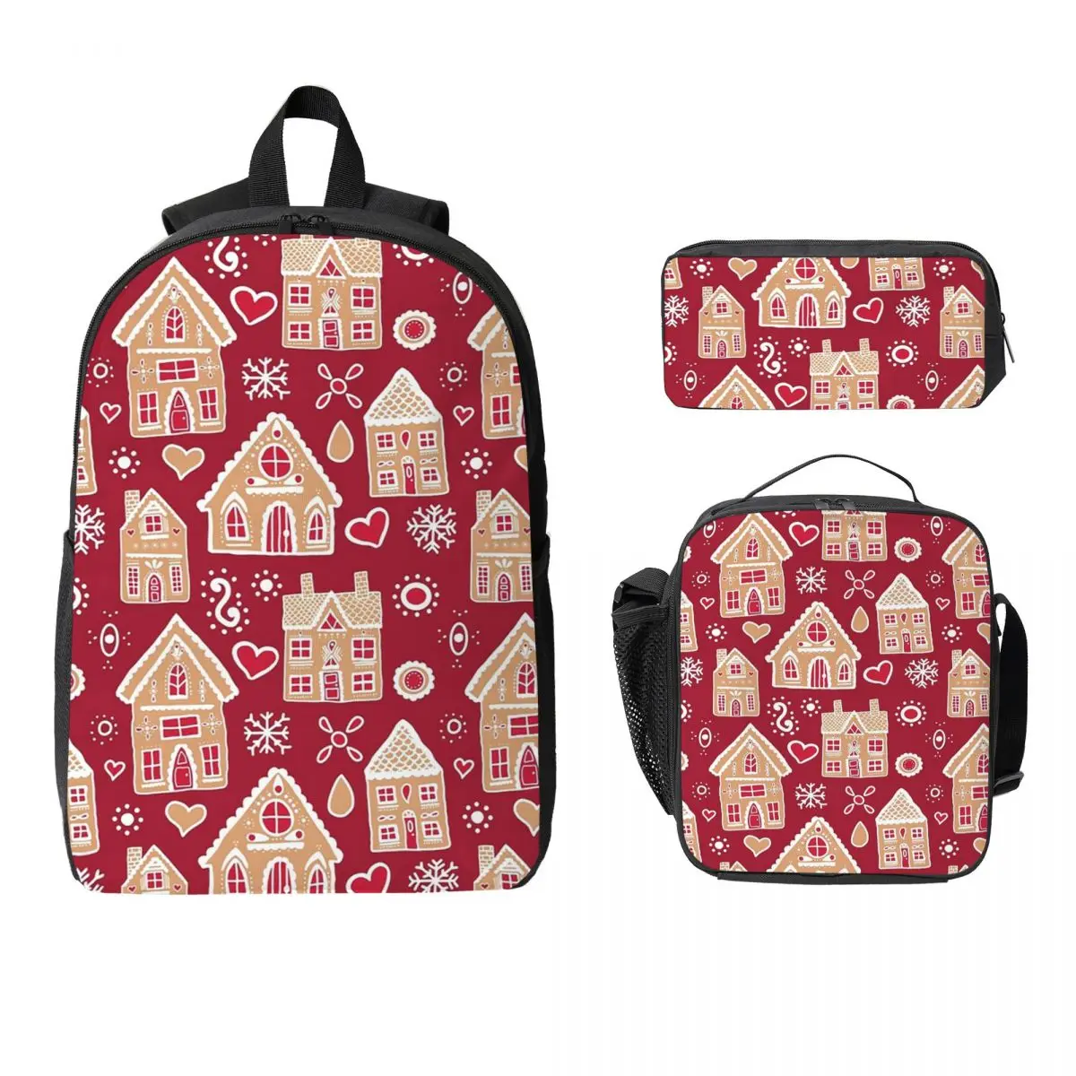 

Christmas Gingerbread House Pattern Backpack Boy Girl BookBag School Bag Laptop Shoulder Bag 3ps Insulated Lunch Bag Pencil Case